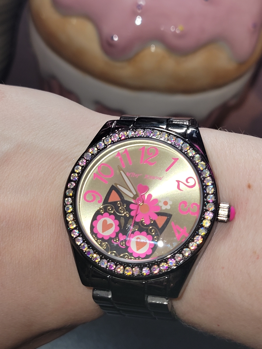 Betsey Johnson Sugar Skull Cat Face Watch with Pink Accents And Rhinestones - Picture 3 of 4
